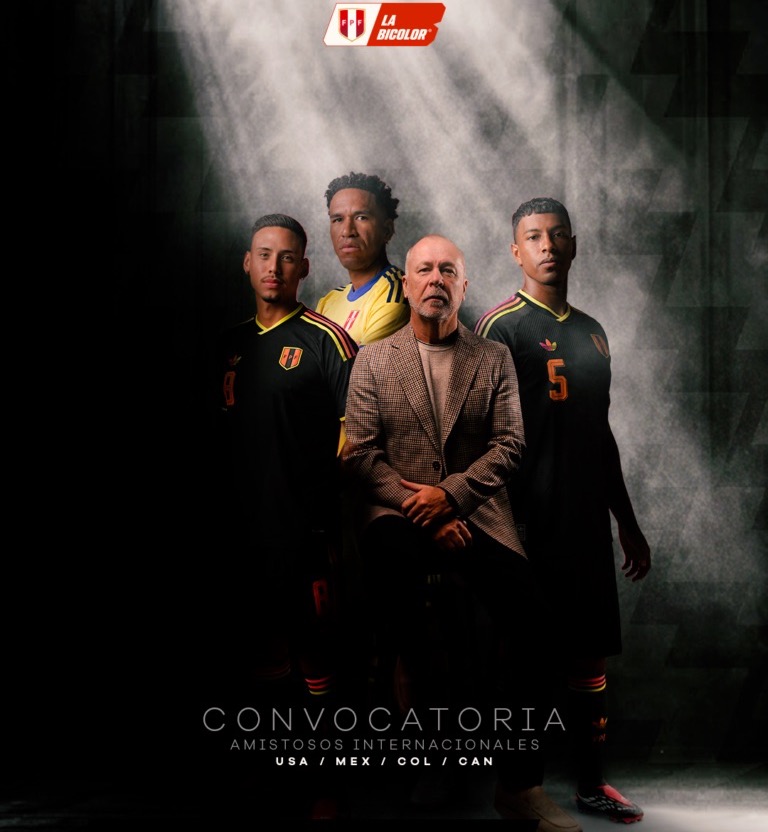 Afiche oficial de la convocatoria de Perú para los amistosos ante Estados Unidos, México, Colombia y Canadá, con el entrenador Mano Menezes en el centro y tres futbolistas de la Bicolor