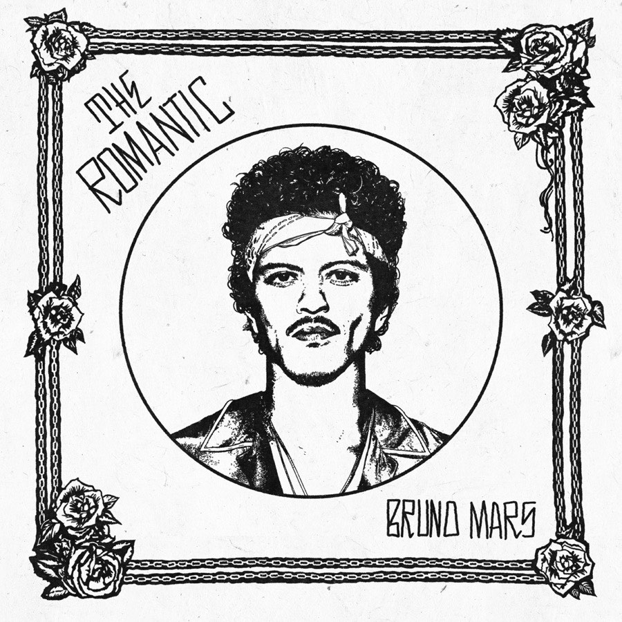Portada del disco The Romantic de Bruno Mars: un retrato del cantante dibujado en blanco y negro dentro de un marco de cadenas y rosas