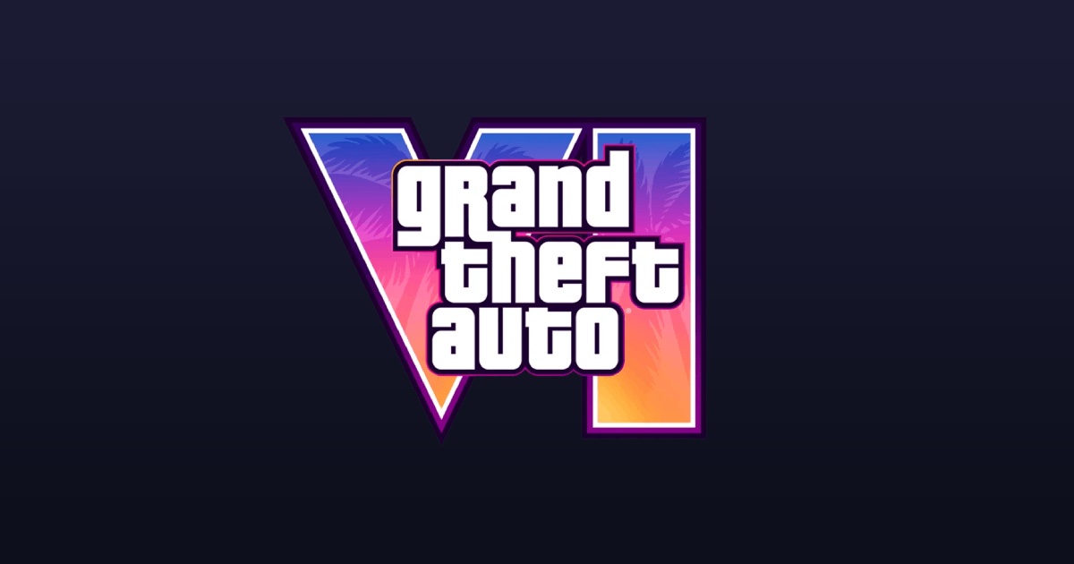 Logo oficial de Grand Theft Auto VI: el número romano VI con degradé violeta, rosa y naranja y palmeras, con las palabras 