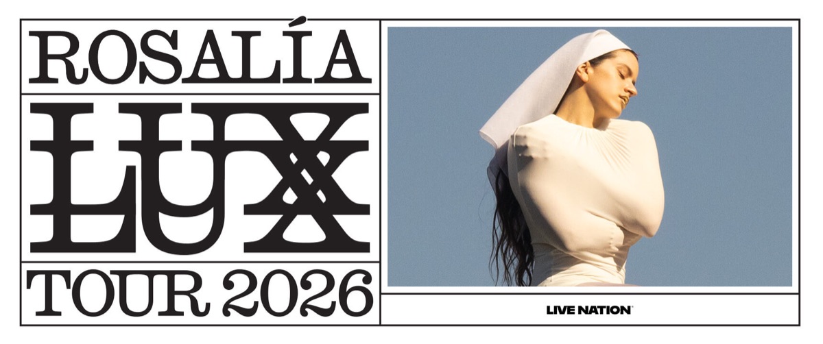 Afiche oficial del Lux Tour 2026 de Rosalía: a la izquierda, el nombre de la artista, la palabra LUX en letras grandes y la leyenda Tour 2026; a la derecha, la foto de la cantante con toca blanca sobre un cielo celeste y el logo de Live Nation