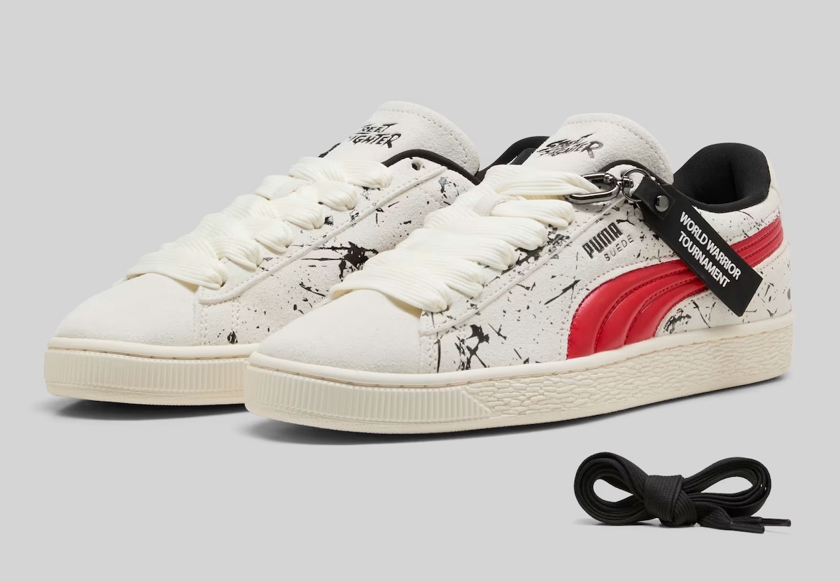 Par de PUMA Suede Street Fighter Ryu con gamuza clara salpicada en negro, Formstrip rojo y tag negro World Warrior Tournament