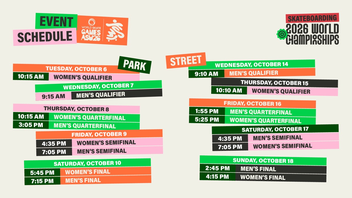 Grilla oficial de horarios de park y street de los World Skate Games ASU26, con las rondas de park del 6 al 10 de octubre y las de street del 14 al 18