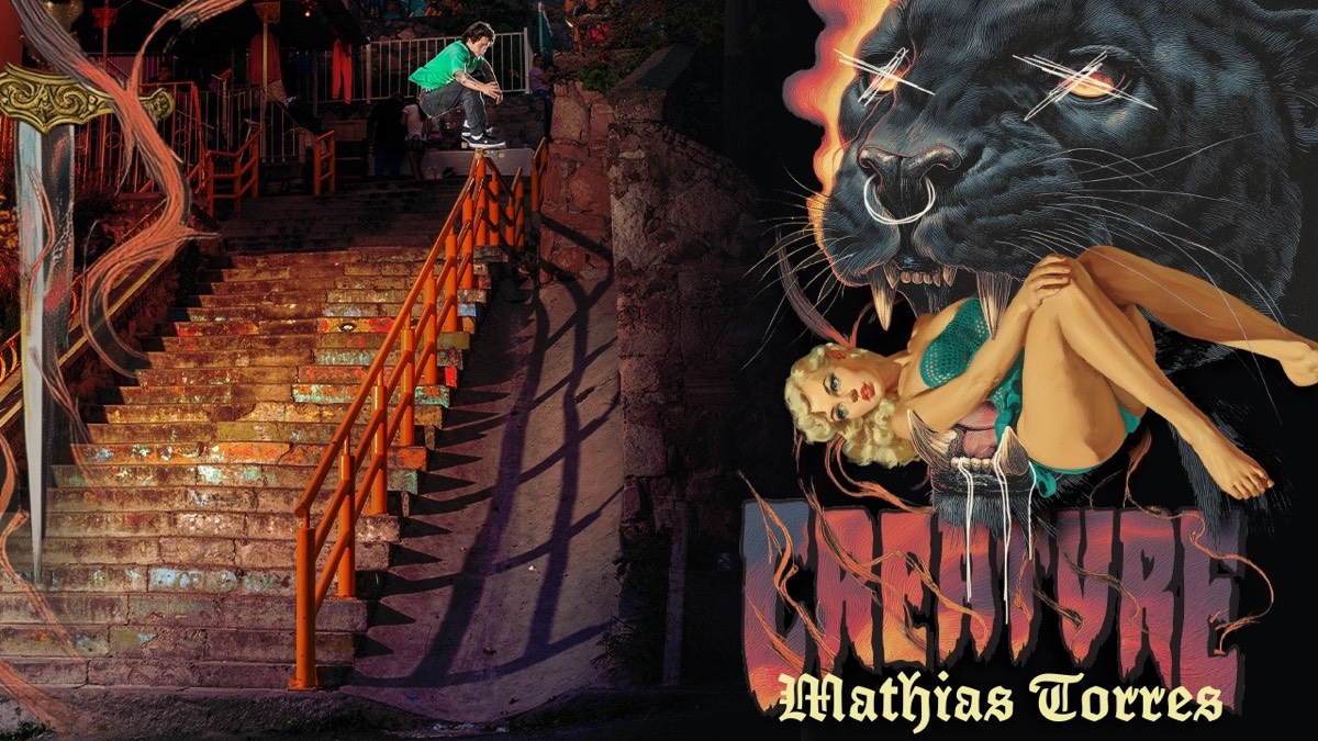 Afiche oficial de «Eyes of the Jaguar»: Mathias Torres salta sobre una escalera de escalones de colores y, a la derecha, un jaguar negro con los ojos tachados y el logo de Creature