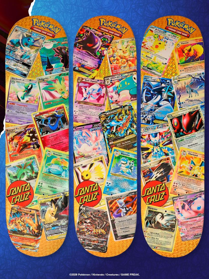 Las tres tablas doradas de Santa Cruz x Pokémon, collages de cartas del juego en varios idiomas sobre fondo de brillo dorado, con el logo rojo de Santa Cruz