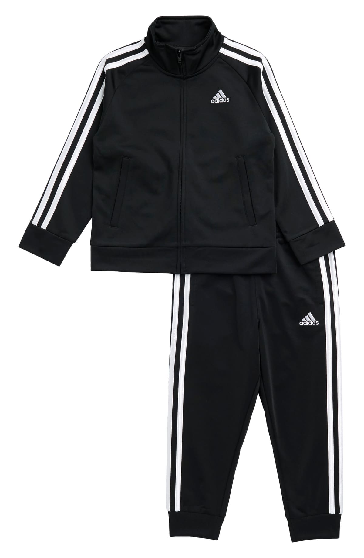 Conjunto deportivo adidas para niños en negro: chamarra con cierre y pants, ambos con tres franjas blancas