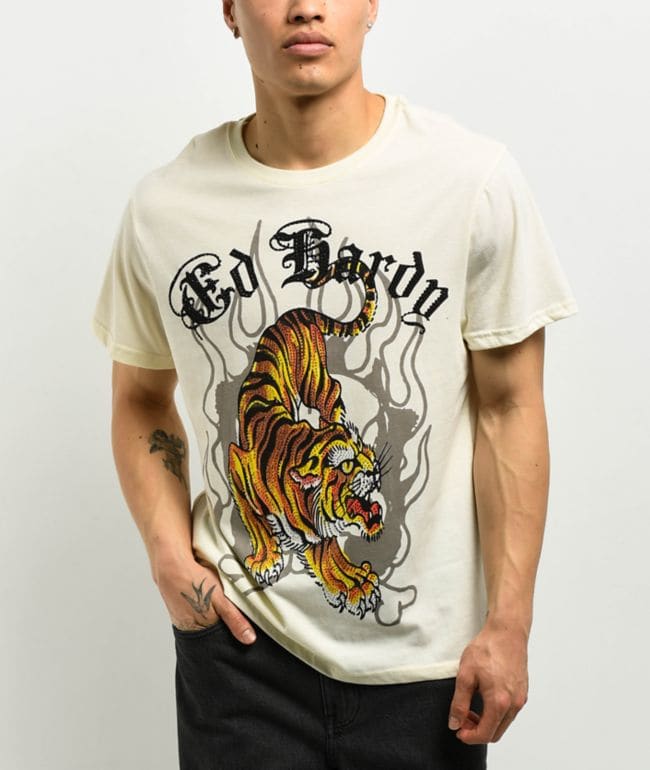 Ed Hardy Crawling Tiger Rhinestone Ivory T-Shirt