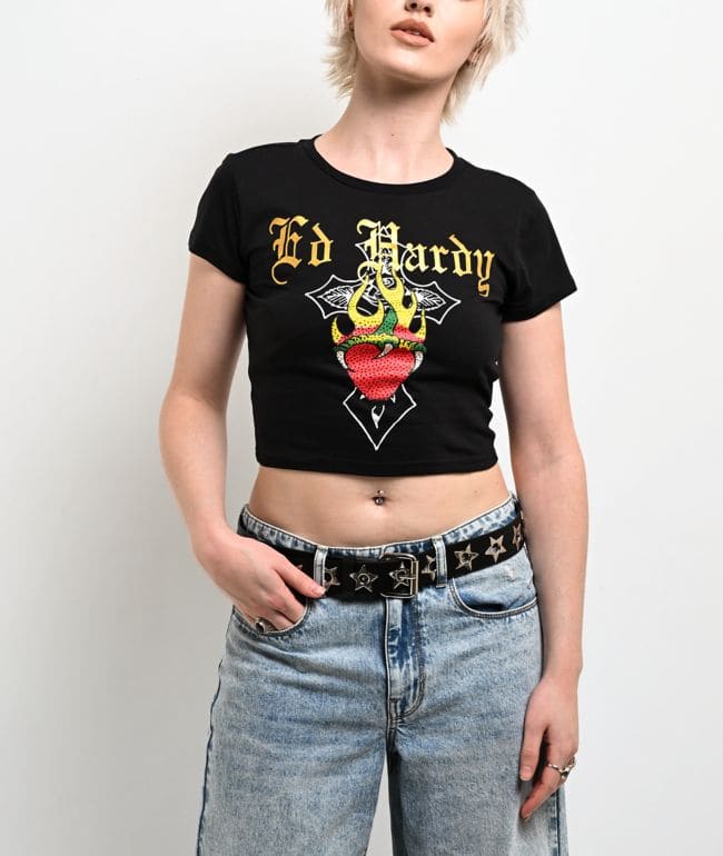 Ed Hardy Heart Flame Rhinestone Black Crop T-Shirt