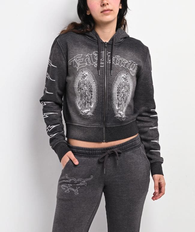 Ed Hardy Mary Mineral Grey Crop Zip Hoodie