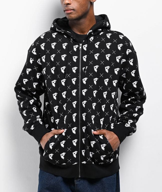 Sudadera con capucha y cierre Famous Stars & Straps negra con logos BOH y equis blancas en toda la prenda