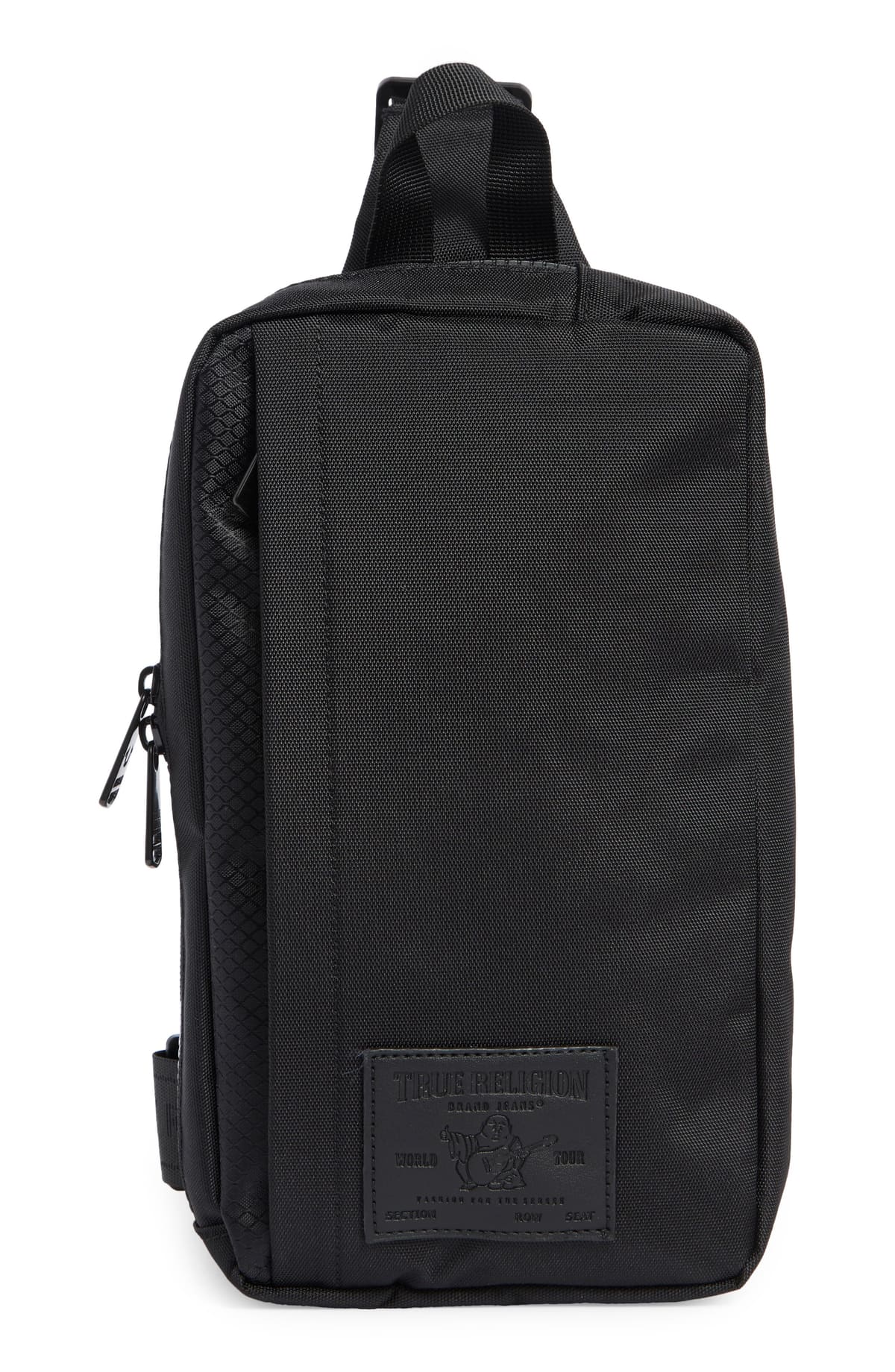 Bolso cruzado True Religion Porter 2.0 negro con asa superior, cierre lateral y parche de la marca al frente