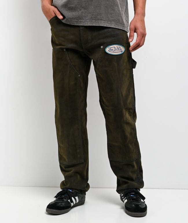 Von Dutch Double Knee Olive Flocked Denim Pants